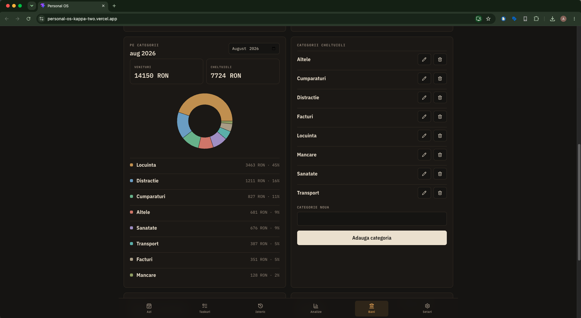 Personal OS: venituri și cheltuieli pe categorii, cu grafic donut