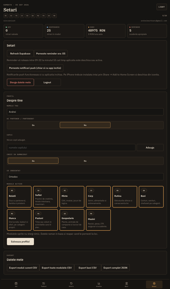 Personal OS: setări, cu notificări push, remindere și export CSV și JSON